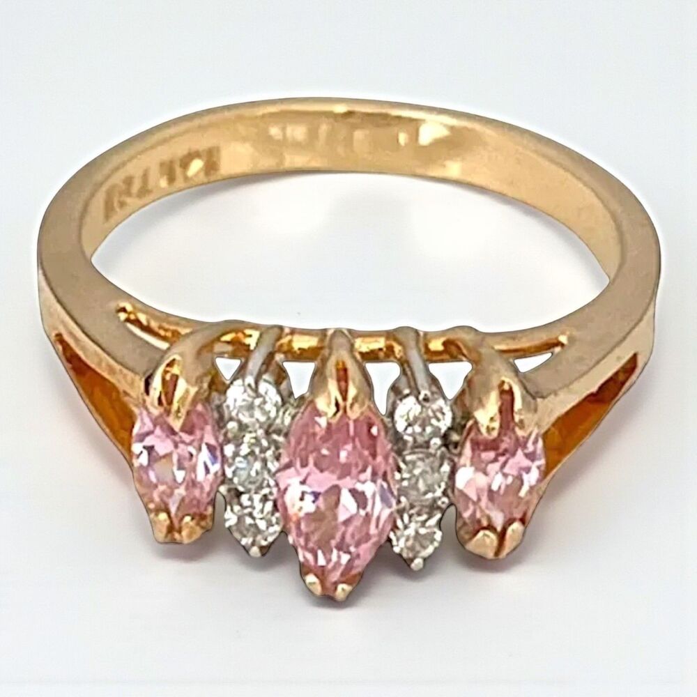 Vintage 1980s Pink CZ Cocktail Ring Size 5 14KTGE Gold Plate - 14D